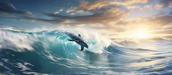 Dolphin jumps from ocean wave seagulls fly in cloudy sky copy space image