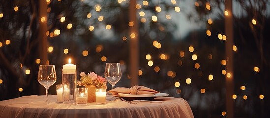 Intimate proposal spot park tent with candles and garlands copy space image - Powered by Adobe
