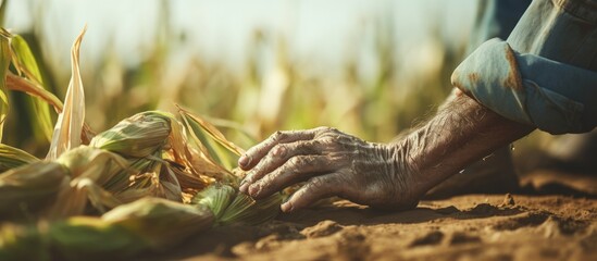 Farmers touching dead corn leaves due to herbicide application causing agribusiness damage and insured indemnification events copy space image - Powered by Adobe
