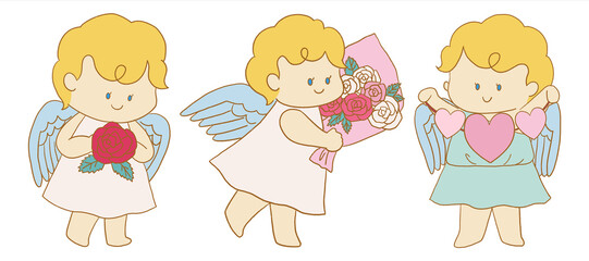 Valentine's Day elements in hand drawn kawaii cute  style. Set includes cupids, roses, hearts, arrow,gift and a gentleman. Cute characters