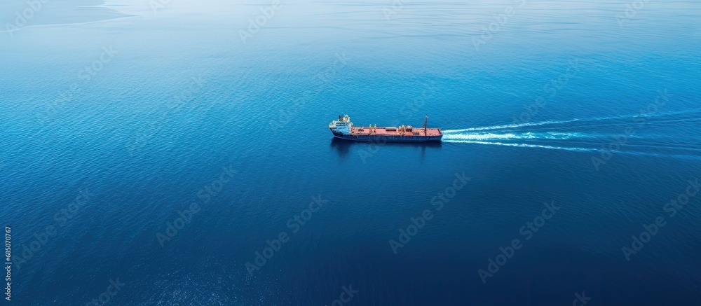 Poster drone captures tug boat towing empty barge at sea copy space image