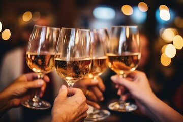 Hands holding full of wine glasses and cheers