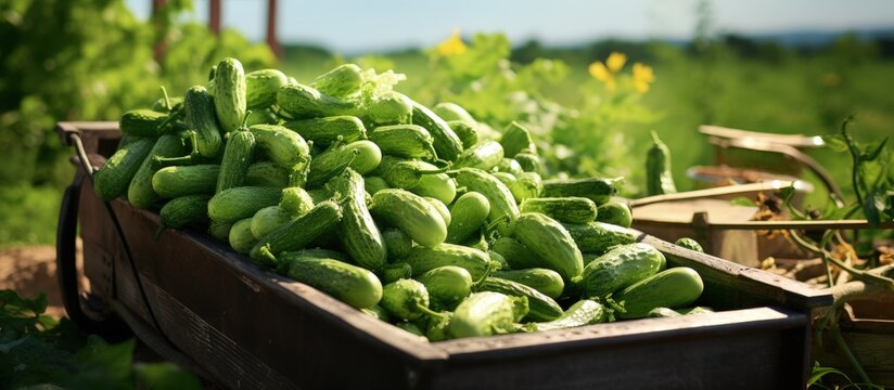 Freshly harvested small green gherkins in a trailer copy space image
