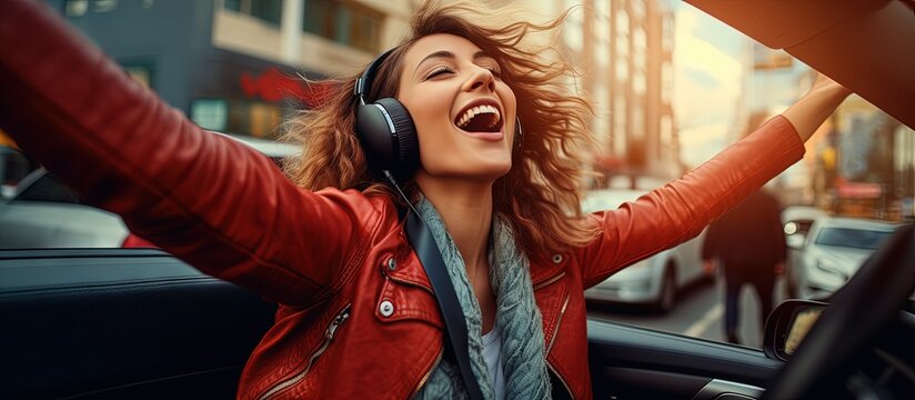 Happy girl grooving in car jamming to pop tunes dancing in city center copy space image