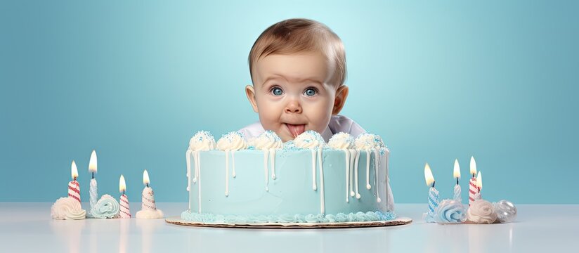 Inquisitive infant explores first cake with finger on birthday copy space image