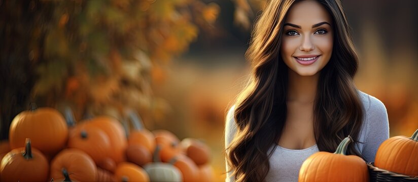 Gorgeous dark haired woman with pumpkin filled basket outside copy space image