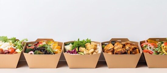 Healthy food delivery for daily nutrition in take away boxes at a restaurant pictured on a white...