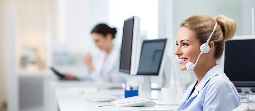 Dental assistant using headset and computer as dentist treats patient nurse takes notes copy space image