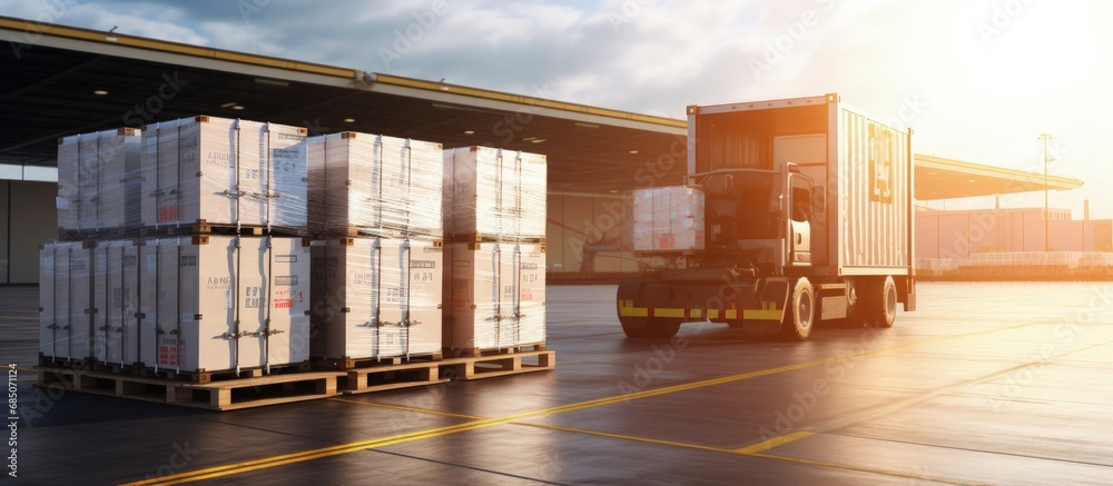 Poster load packaging boxes onto pallets and ship them in cargo containers on trucks for logistics in the d