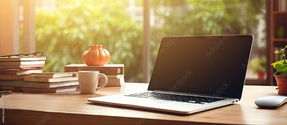 Poster detailed perspective of cozy workspace with empty laptop screen and office materials copy space imag