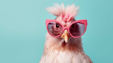 Creative animal concept. Chicken hen in sunglass shade glasses isolated on solid pastel background, commercial, editorial advertisement. create using a generative ai tool 