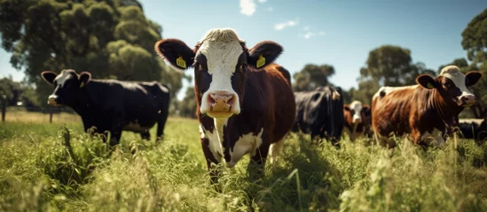 Ingelijste posters Grazing beef cows and calfs south west Victoria Australia eating hay and silage breeds specked park murray grey angus brangus copy space image © vxnaghiyev