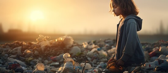 Environmental plastic pollution problem depicted by girl amidst garbage copy space image