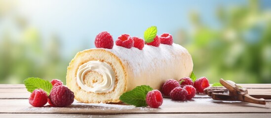 Cream cheese filled Swiss roll adorned with fresh raspberries copy space image