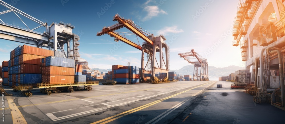 Aufkleber gantry crane moves containers from storage to ship bay using a fish eye lens copy space image