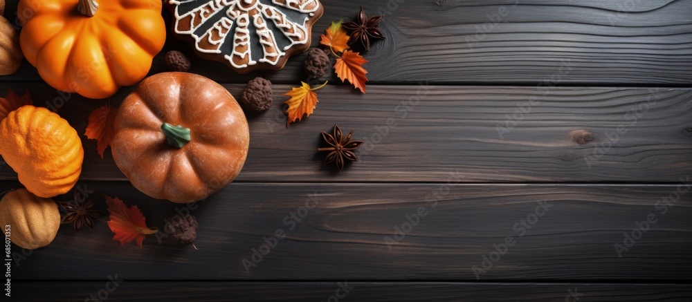 Poster gorgeous halloween gingerbread and pumpkin on table seen from above copy space image