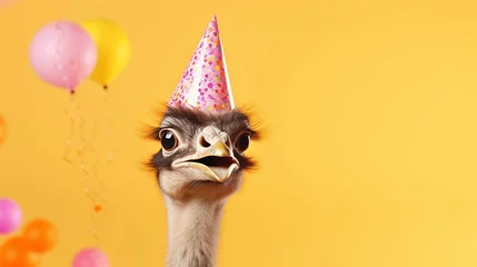 Foto op Plexiglas Creative animal concept. Emu bird in party cone hat necklace bowtie outfit isolated on solid pastel background advertisement. create using a generative ai tool  © Ahtesham