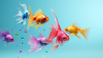Creative animal concept. Fish fishes in a group, vibrant bright fashionable outfits isolated on solid background advertisement, copy text space. create using a generative ai tool 