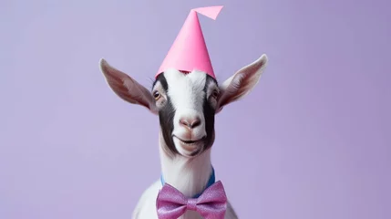 Fotobehang Creative animal concept. goat in party cone hat necklace bowtie outfit isolated on solid pastel background advertisement, copy text space. create using a generative ai tool  © Ahtesham
