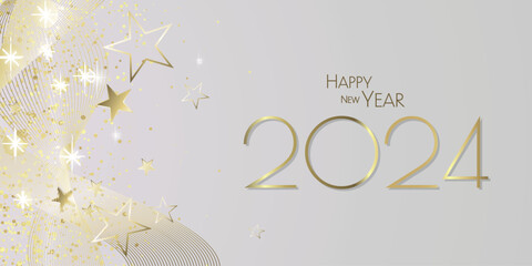 Happy New Year 2024 - Black and gold waves and diamond dust design - obrazy, fototapety, plakaty