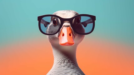 Creative animal concept. Goose bird in sunglass shade glasses isolated on solid pastel background,...
