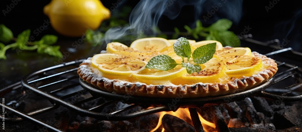 Poster grilled lemon pie with homemade zest and fresh lemons copy space image