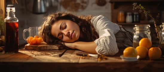 Exhausted girl napping on kitchen table during breakfast copy space image