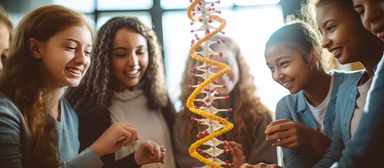 High school students building DNA in a science class copy space image