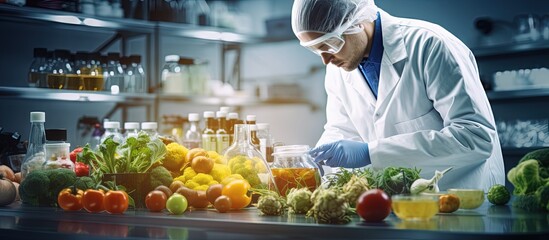 Food chemists analyze chemical residues in the lab while quality inspectors examine fruits and vegetables for hazards prohibited substances and contamination using microscopes - obrazy, fototapety, plakaty