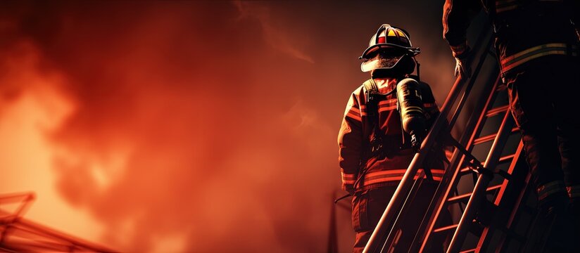Focused firefighters in fire resistant gear on a ladder copy space image