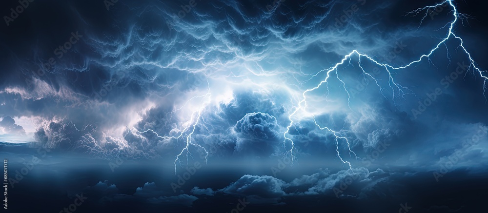 Poster lightning from a cumulonimbus storm cloud strikes earth copy space image