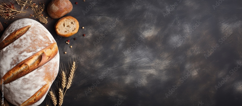 Poster Freshly baked bread on dark table seen from above copy space image