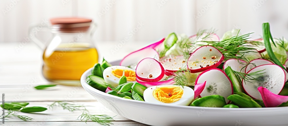 Poster Easter salad with boiled egg radish and cucumber dressed with dijon mustard and lemon on a white table copy space image
