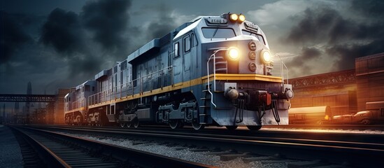 Diesel locomotive shunts cars at sand plant copy space image - obrazy, fototapety, plakaty