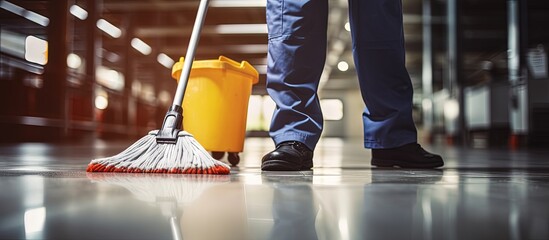 Cropped shot of janitors cleaning warehouse floor with mops and buckets copy space image