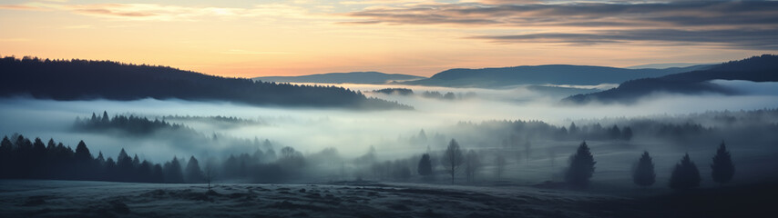 Landscape of the plains on a foggy morning with a few trees visible - obrazy, fototapety, plakaty