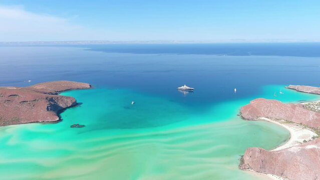 Mexico, La Paz: Aerial view of Bahia Puerto Balandra with clear turquoise waters of Gulf of California and tropical beaches - landscape panorama of Latin America from above