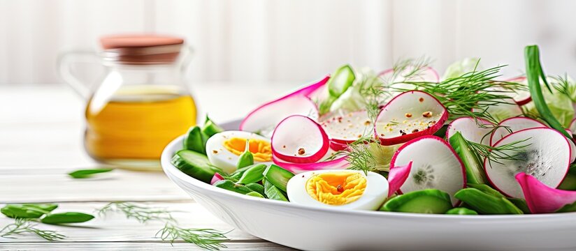 Easter salad with boiled egg radish and cucumber dressed with dijon mustard and lemon on a white table copy space image