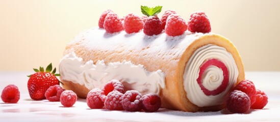 Cream cheese filled Swiss roll adorned with fresh raspberries copy space image