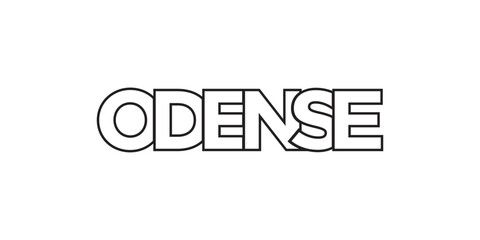 Odense in the Denmark emblem. The design features a geometric style, vector illustration with bold typography in a modern font. The graphic slogan lettering.