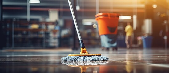 Cropped shot of janitors cleaning warehouse floor with mops and buckets copy space image
