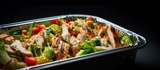 Fresh Caesar salad with vegetables lettuce and grilled chicken strips for a convenient road trip lunch copy space image