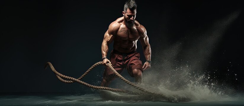 Fit person doing battle rope exercises seriously captured in full length shot copy space image
