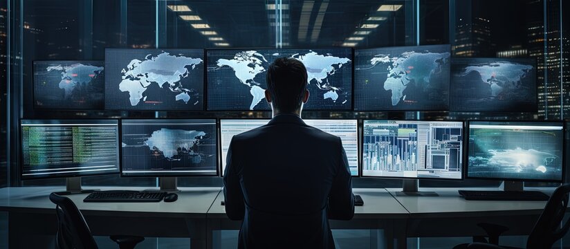 IT engineer working with multiple monitors in advanced data center copy space image