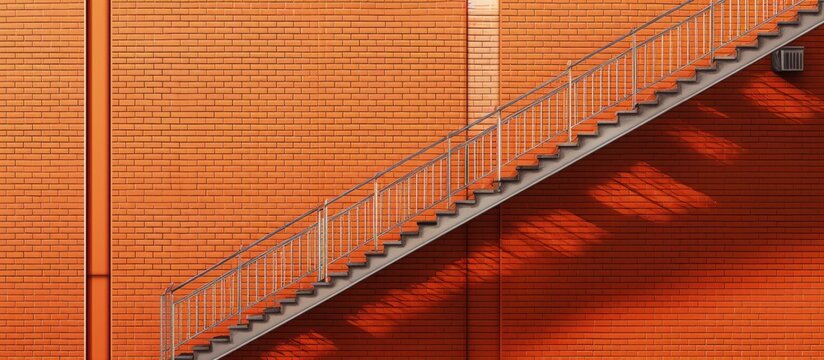 Fire escape stairs cross orange brick wall copy space image
