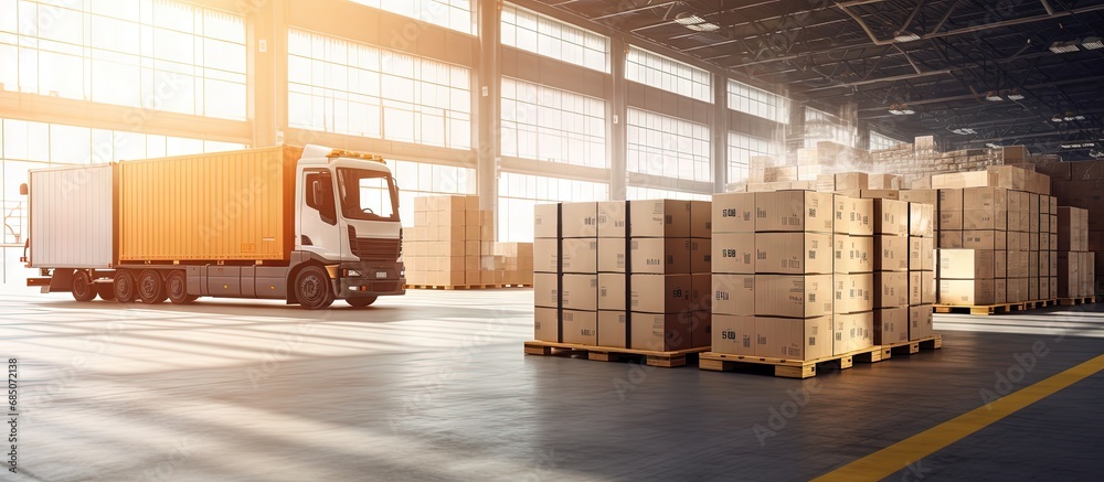 Poster load packaging boxes onto pallets and ship them in cargo containers on trucks for logistics in the d