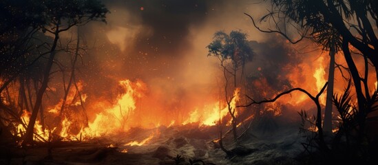 Human caused fire is burning in the rainforest copy space image - obrazy, fototapety, plakaty