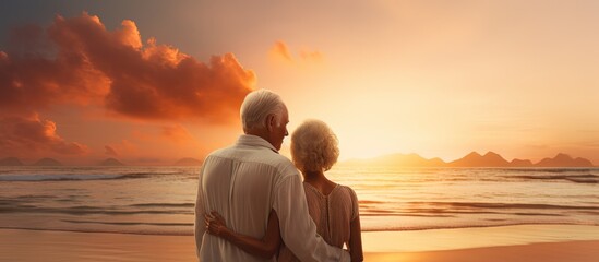 Elderly couple hugging on a deserted beach at sunrise sunset copy space image