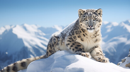 Obraz premium panoramic view of snow leopard on the top of Himalaya.