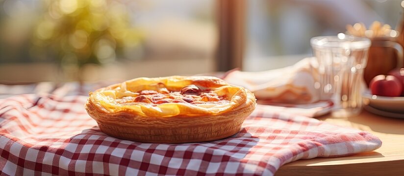 French quiche in a striped napkin placed in a rattan basket with selective focus copy space image